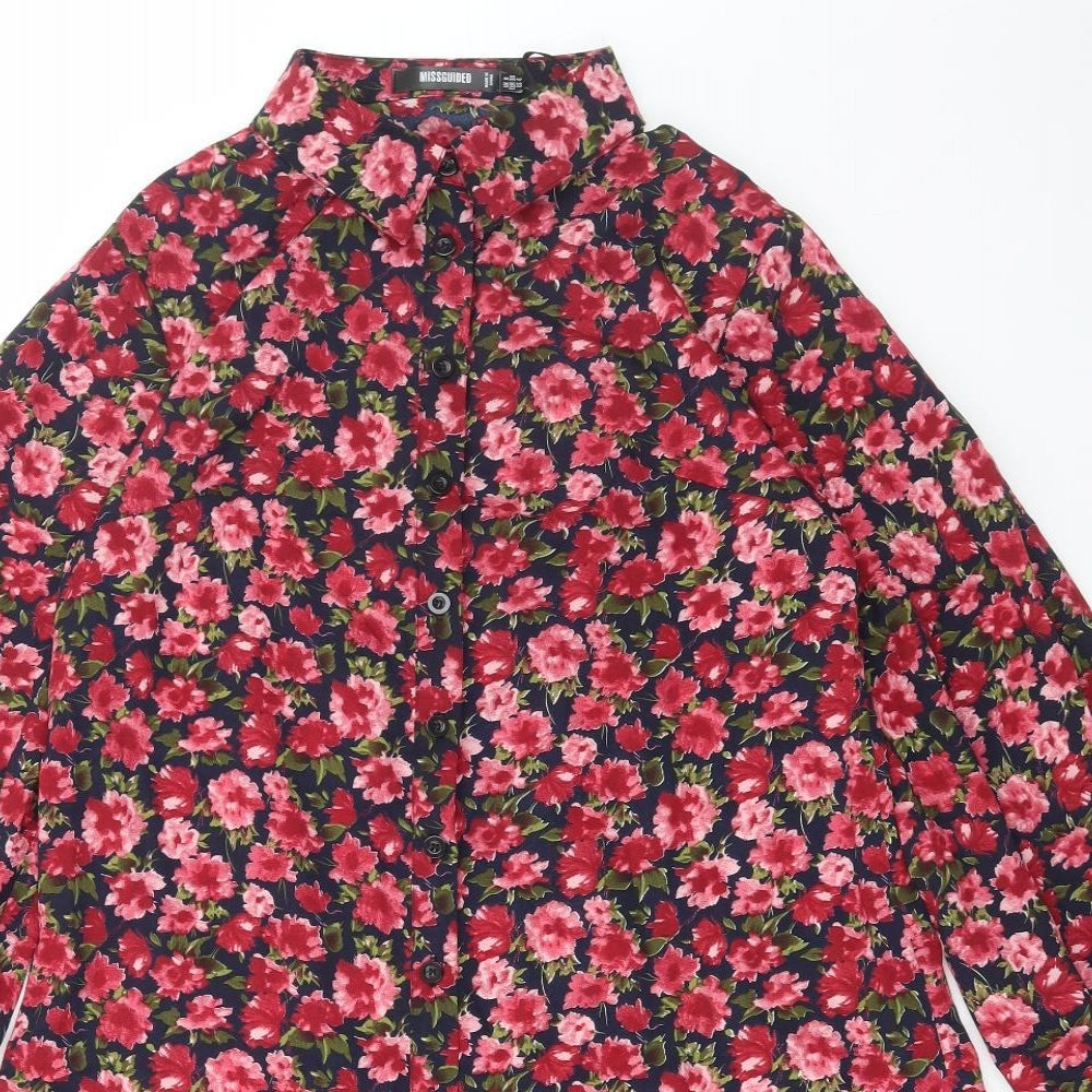 Missguided Womens Red Floral Polyester Basic Button-Up Size 8 Collared