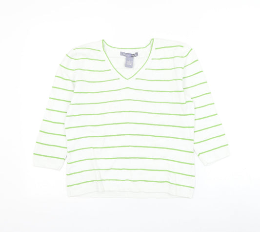 Carroll Reed Womens White Round Neck Striped Cotton Pullover Jumper Size S