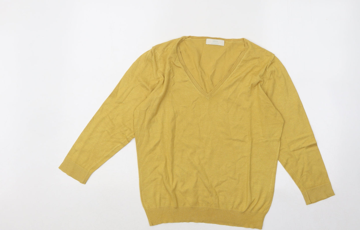 Marks and Spencer Womens Yellow V-Neck Viscose Pullover Jumper Size 14