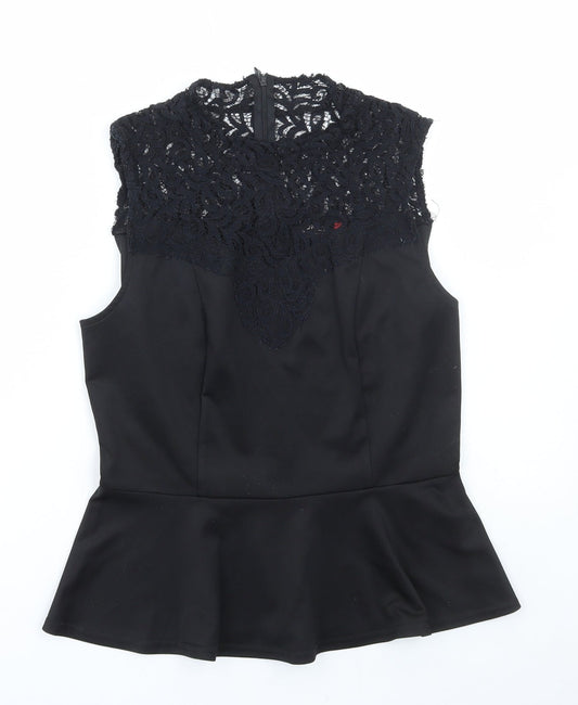 Only Womens Black Polyester Basic Blouse Size 14 Round Neck - Lace Detail, Peplum
