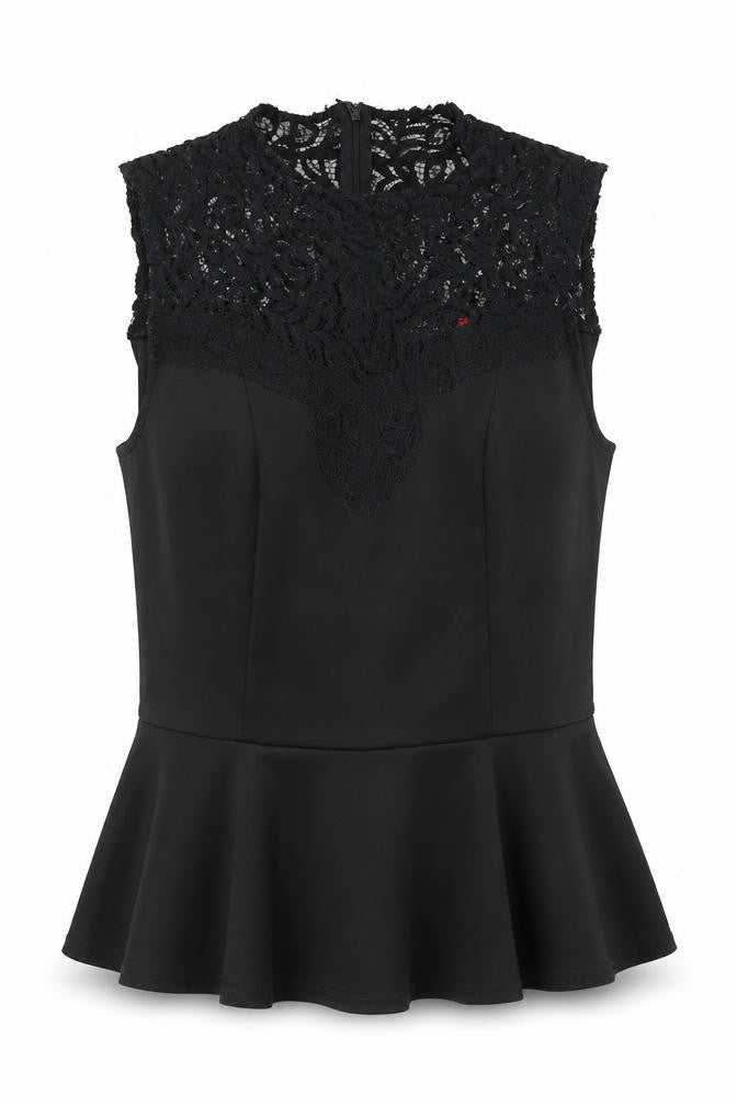 Only Womens Black Polyester Basic Blouse Size 14 Round Neck - Lace Detail, Peplum