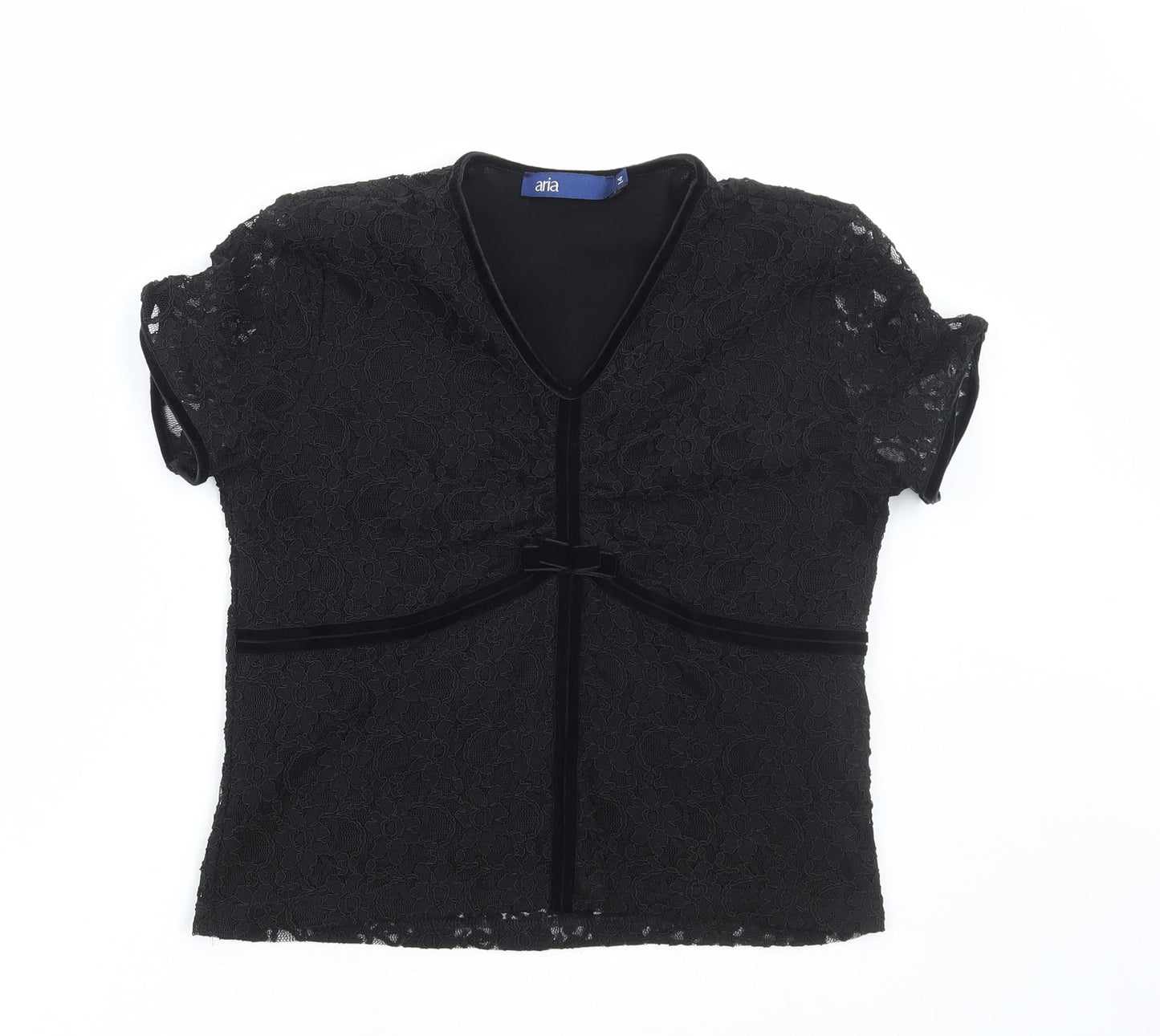 Aria Womens Black Floral Polyester Basic Blouse Size 14 V-Neck