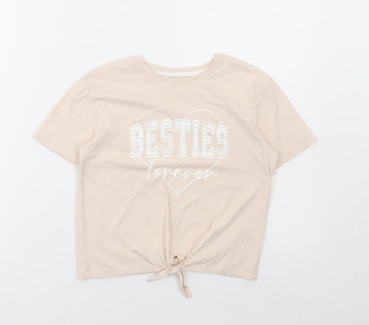 Peacocks Girls Beige Cotton Cropped T-Shirt Size 9-10 Years Round Neck Pullover - Besties