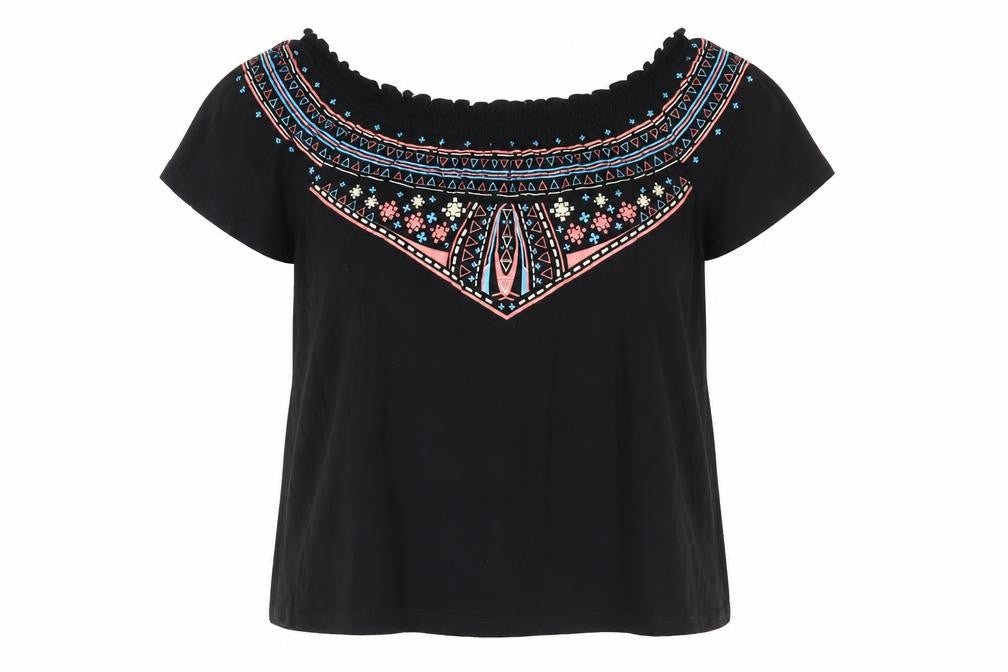 Primark Womens Black Geometric Viscose Basic Blouse Size 12 Off the Shoulder