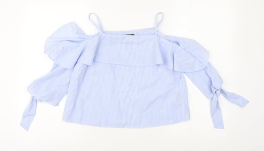 Topshop Womens Blue Striped Cotton Cropped Blouse Size 4 Square Neck