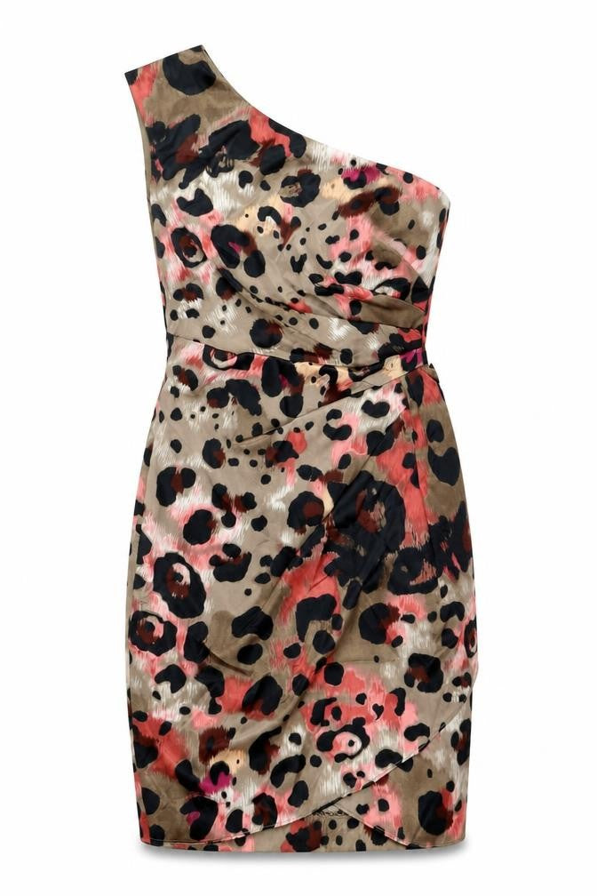 London Times Womens Brown Animal Print Polyester Mini Size 8 One Shoulder Zip - Leopard Print