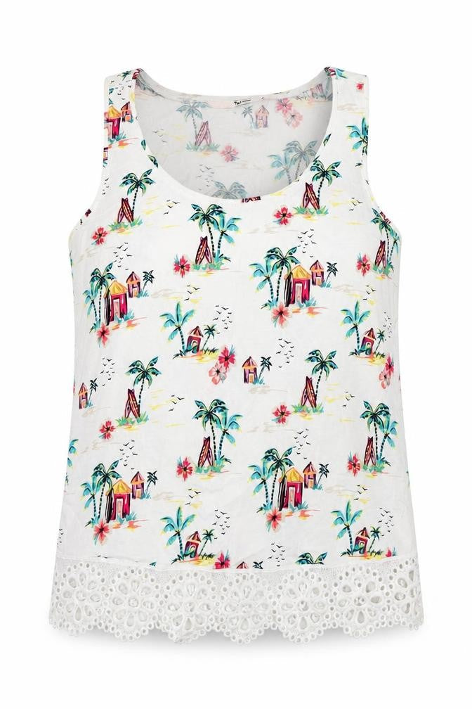 TU Womens White Geometric Cotton Basic Tank Size 8 Round Neck - Palm Trees, Surf Boards