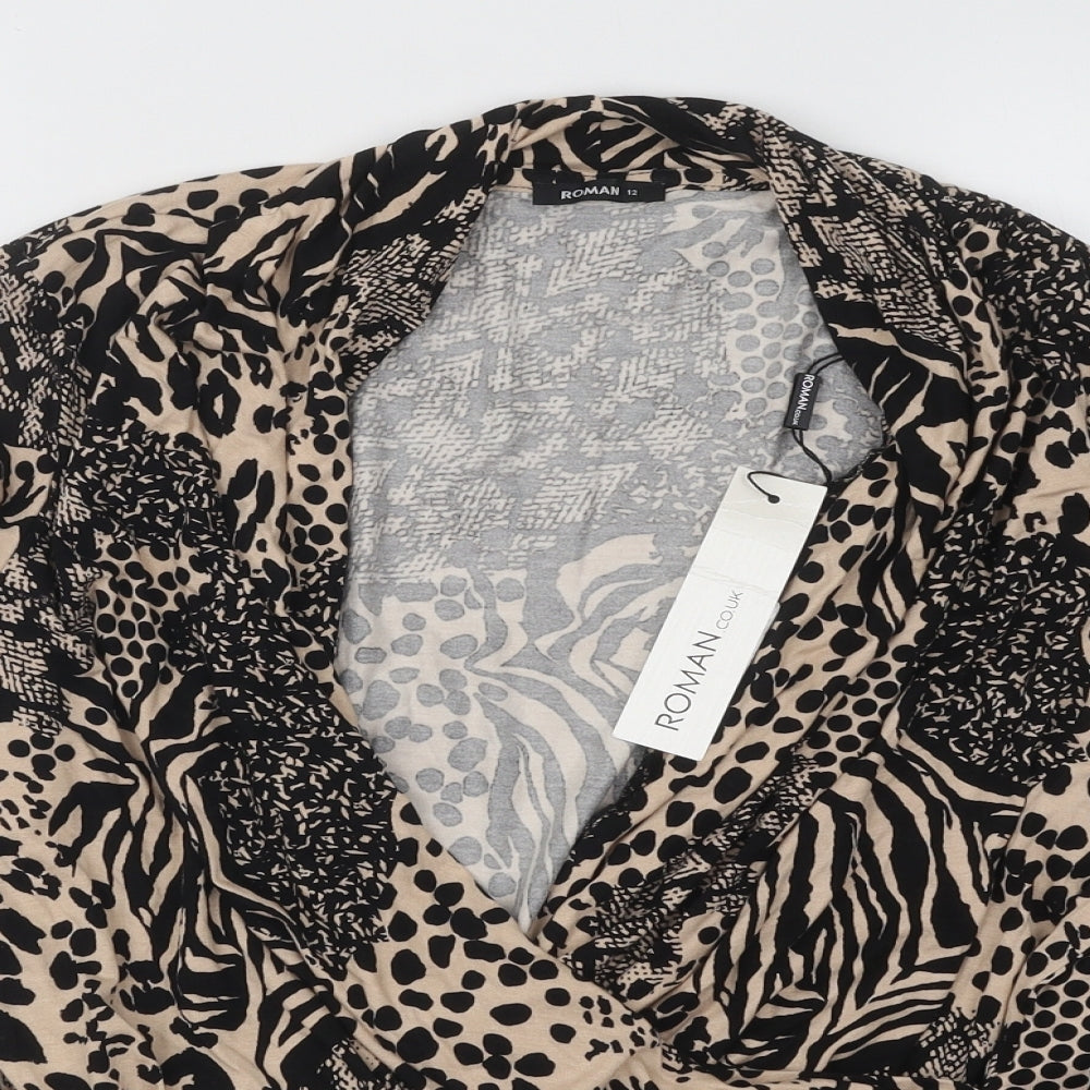 Roman Womens Black V-Neck Animal Print Viscose Pullover Jumper Size 12