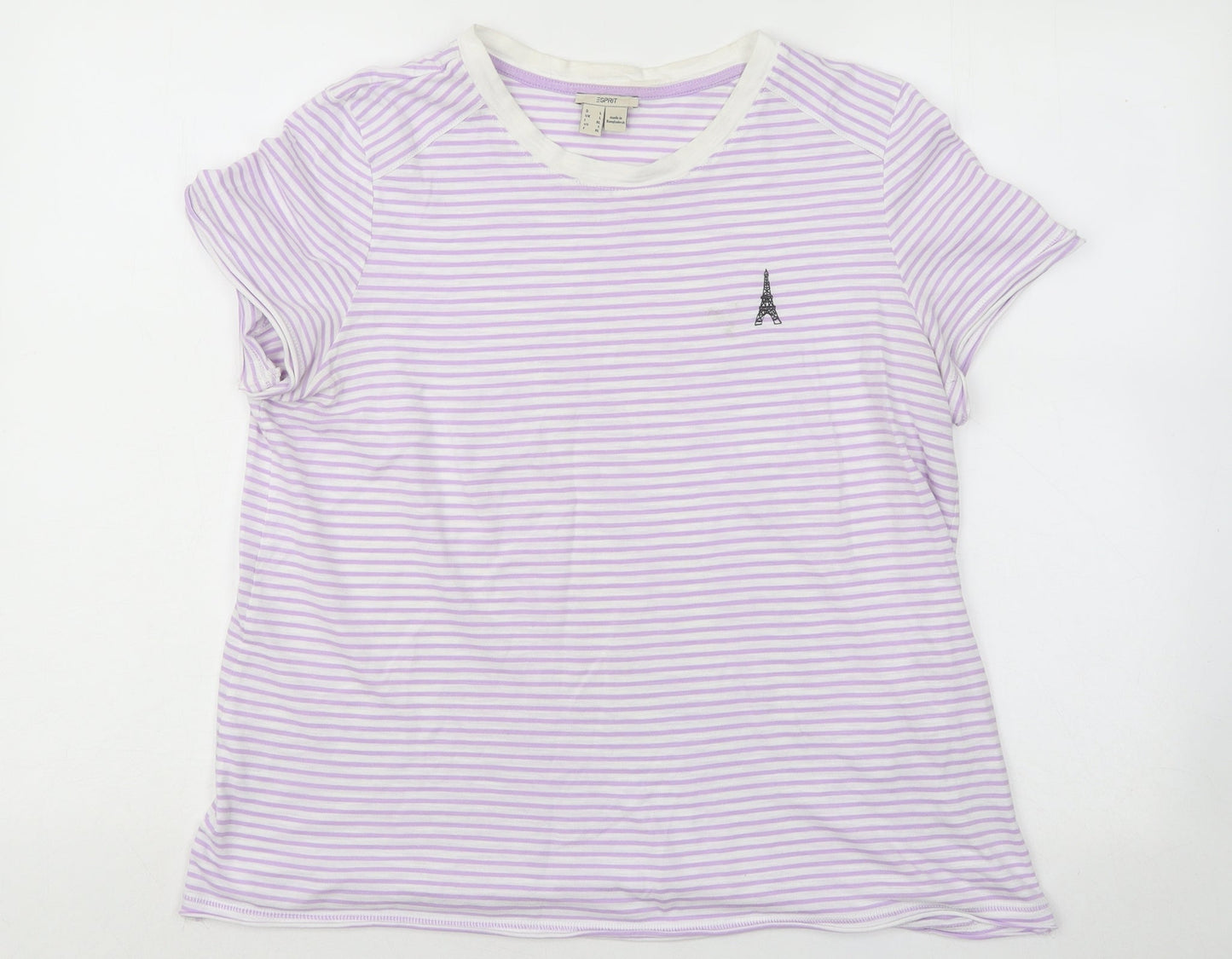 espirit Womens Purple Striped Cotton Basic T-Shirt Size L Round Neck - Eiffel Tower
