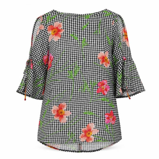F&F Womens Black Plaid Viscose Basic Blouse Size 6 Round Neck - Flowers
