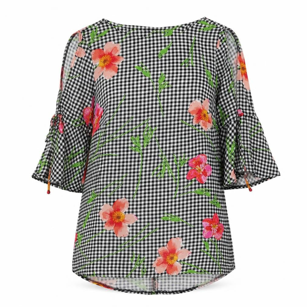 F&F Womens Black Plaid Viscose Basic Blouse Size 6 Round Neck - Flowers