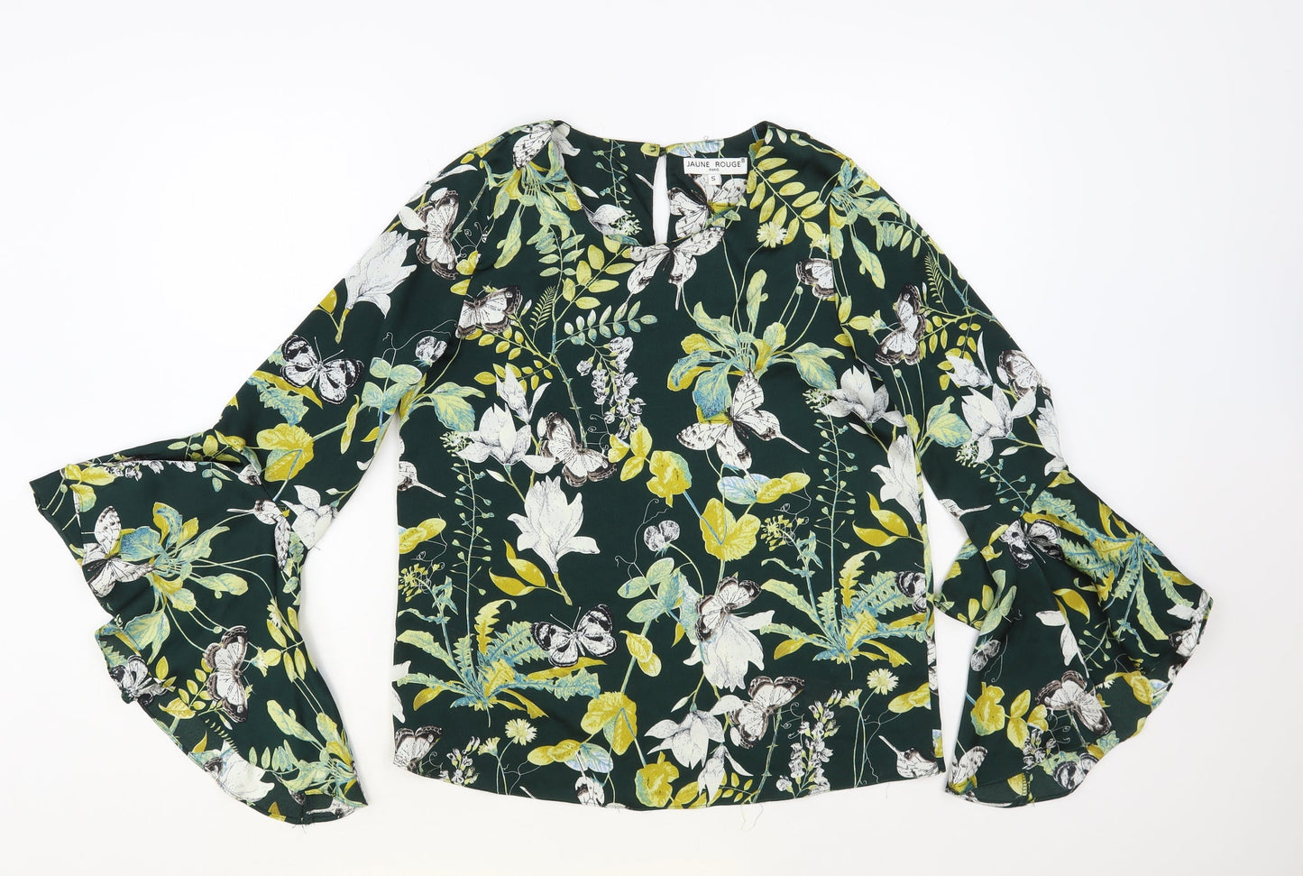 Jaune Rouge Womens Green Floral Polyester Basic Blouse Size S Round Neck