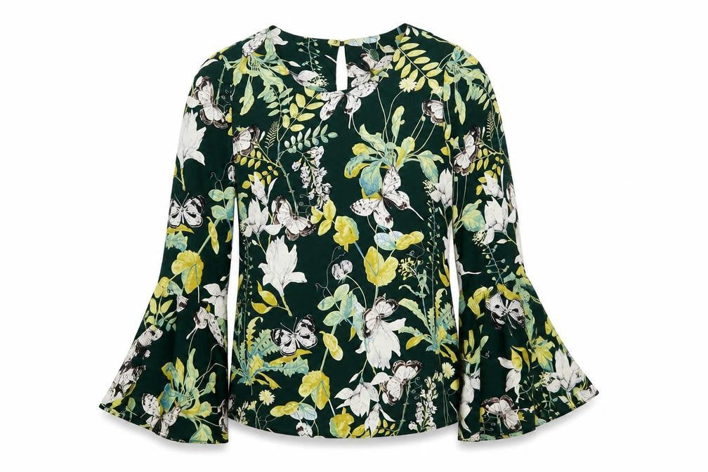 Jaune Rouge Womens Green Floral Polyester Basic Blouse Size S Round Neck
