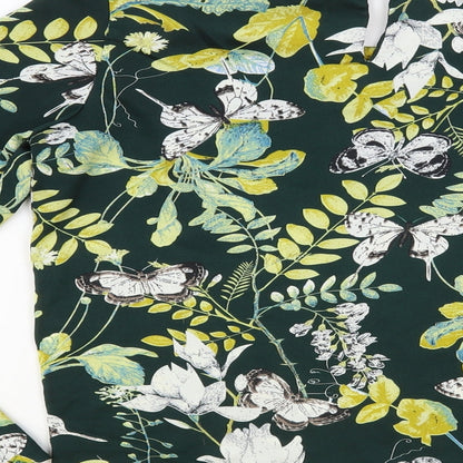 Jaune Rouge Womens Green Floral Polyester Basic Blouse Size S Round Neck