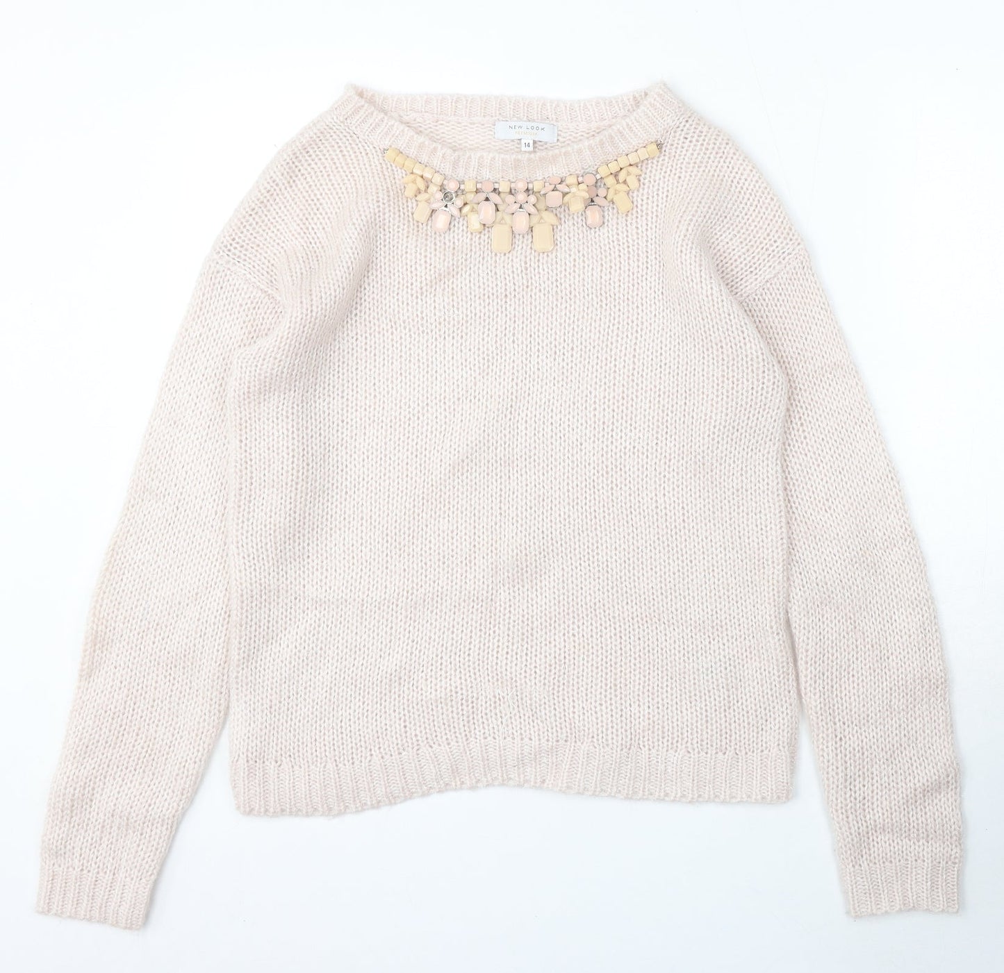 New Look Womens Beige Round Neck Acrylic Pullover Jumper Size 14