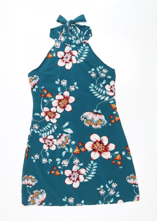 Preworn Womens Green Floral Polyester A-Line Size L Halter Zip