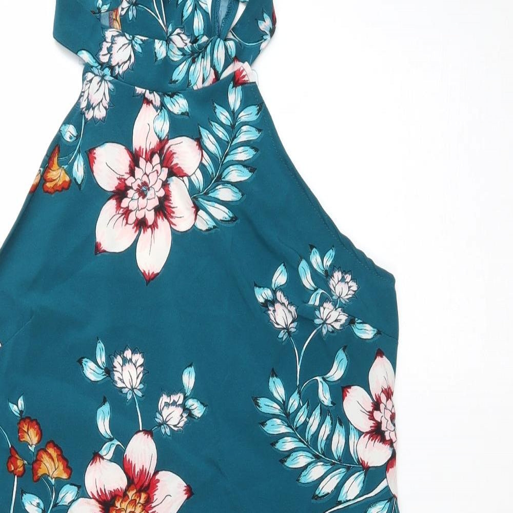 Preworn Womens Green Floral Polyester A-Line Size L Halter Zip