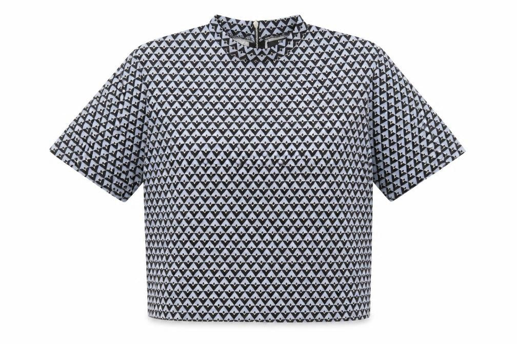 Bershka Womens Blue Geometric Polyester Basic T-Shirt Size M Mock Neck