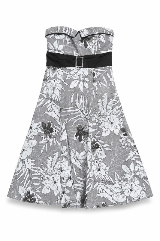 Womens Silver Floral Polyester Fit & Flare Size 8 Off the Shoulder Zip
