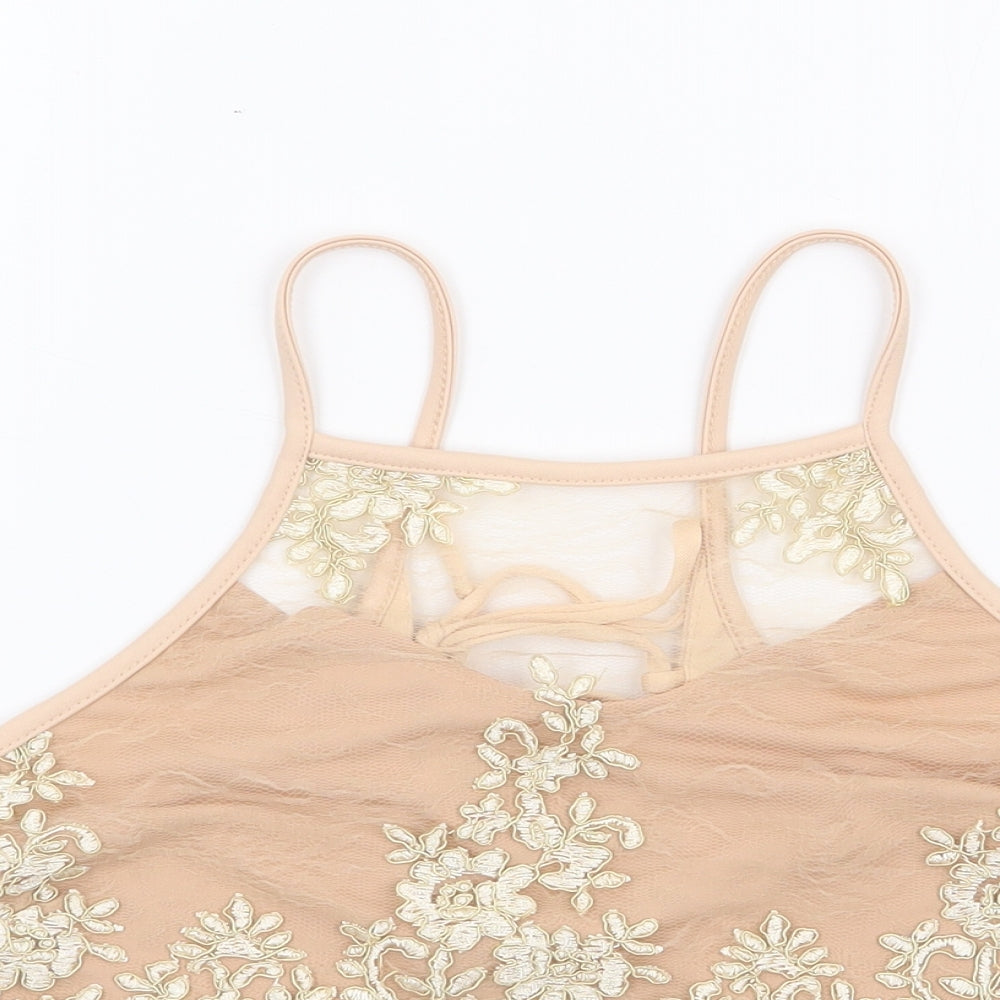 River Island Womens Beige Floral Polyester Cropped Tank Size 10 Square Neck - Corset Tie Back