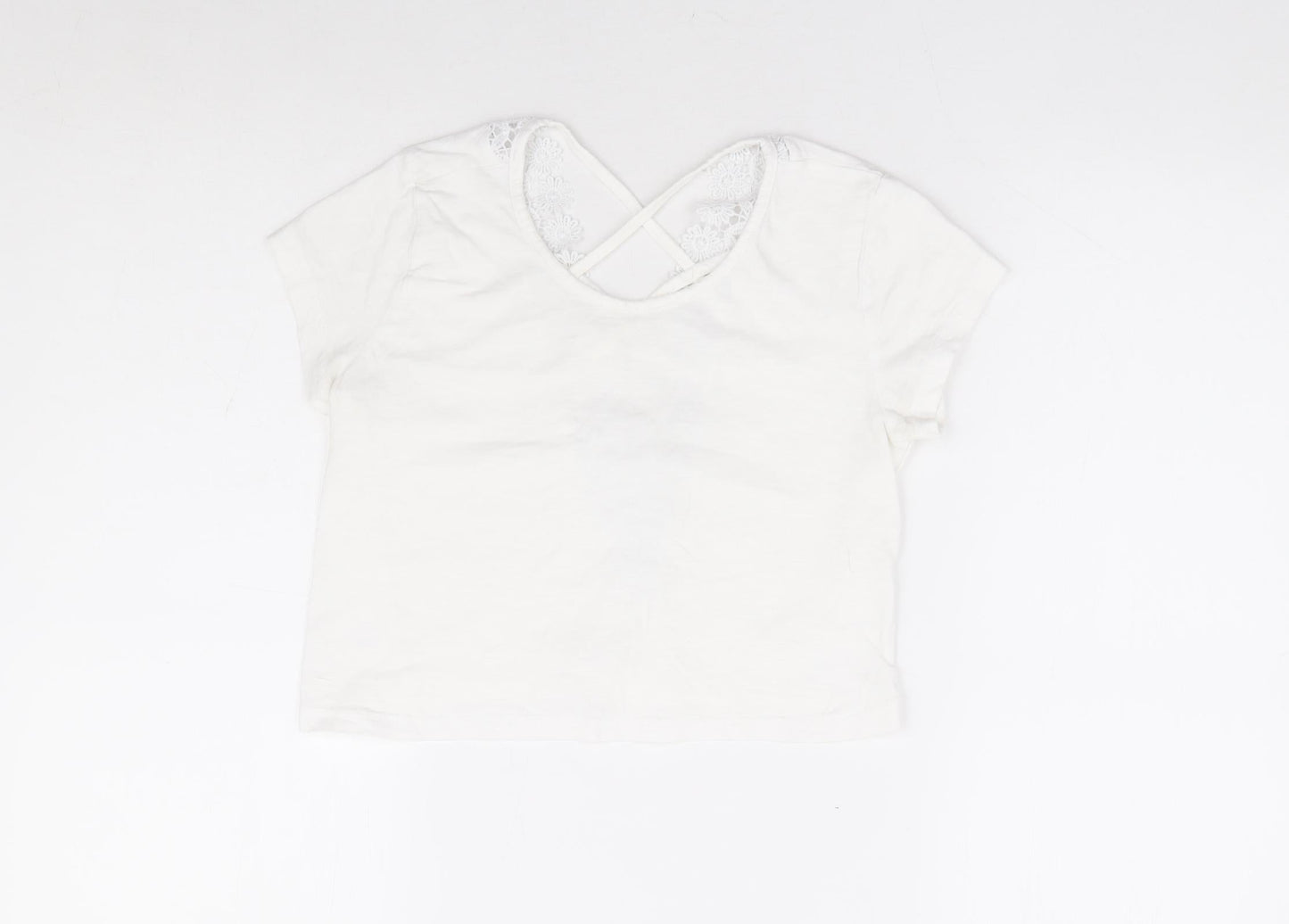 Preworn Womens White Polyester Cropped T-Shirt Size XS Scoop Neck - Cross Back