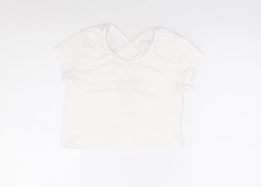Preworn Womens White Polyester Cropped T-Shirt Size XS Scoop Neck - Cross Back