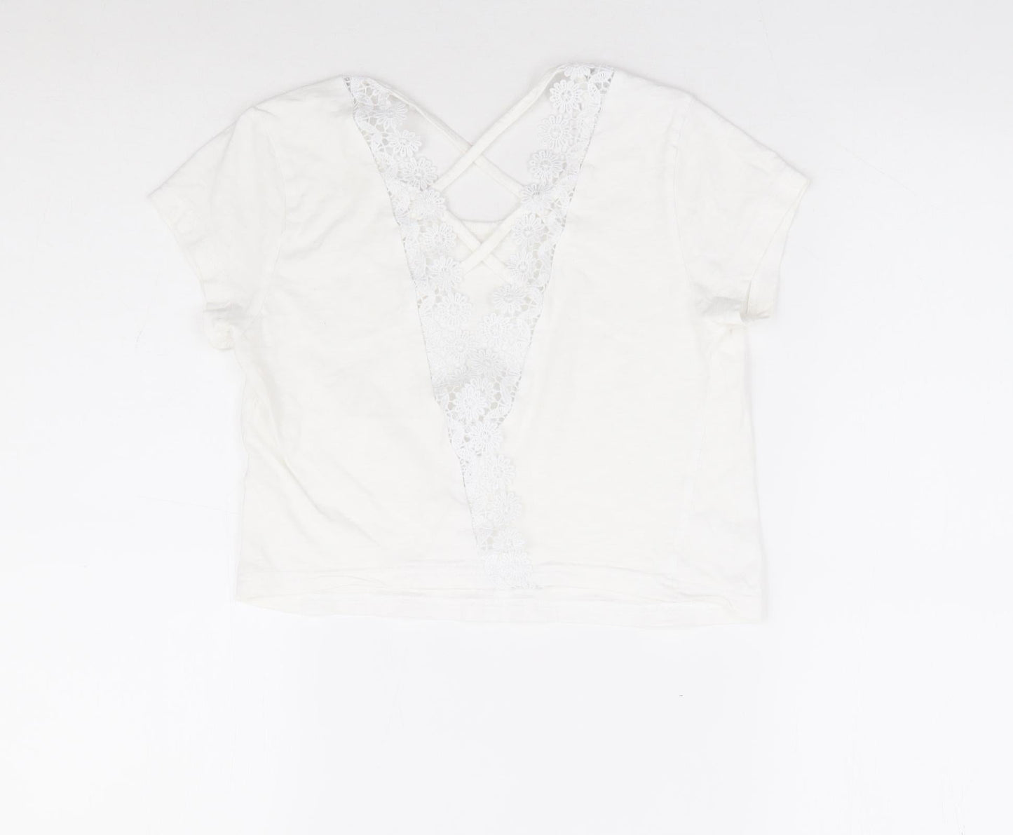 Preworn Womens White Polyester Cropped T-Shirt Size XS Scoop Neck - Cross Back