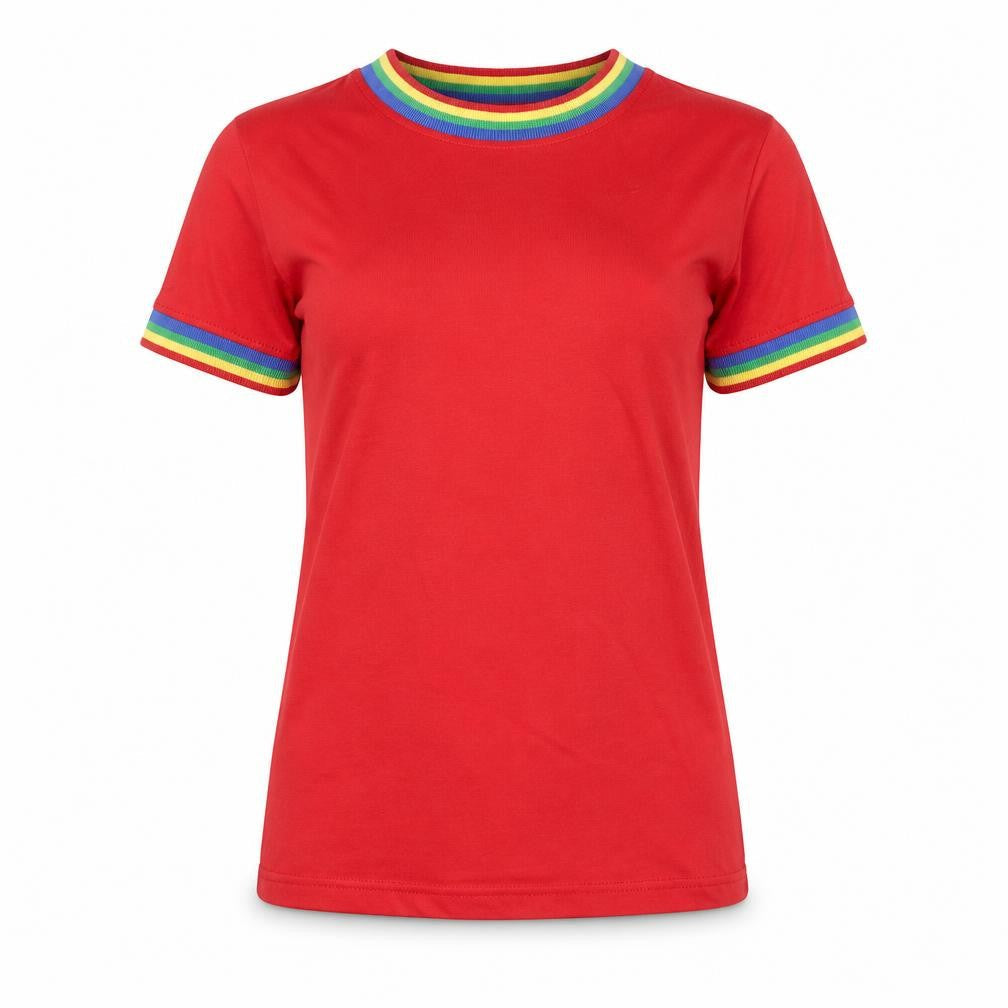 Daisy Street Womens Red Polyester Ringer T-Shirt Size 6 Round Neck - Rainbow Trim