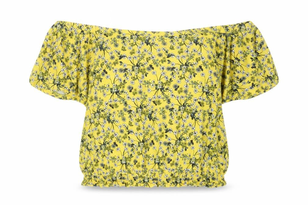 Oasis Womens Yellow Floral Viscose Basic T-Shirt Size L Off the Shoulder