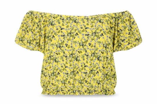 Oasis Womens Yellow Floral Viscose Basic T-Shirt Size L Off the Shoulder
