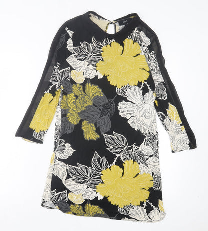 Next Womens Yellow Floral Viscose Shift Size 8 Collared Button