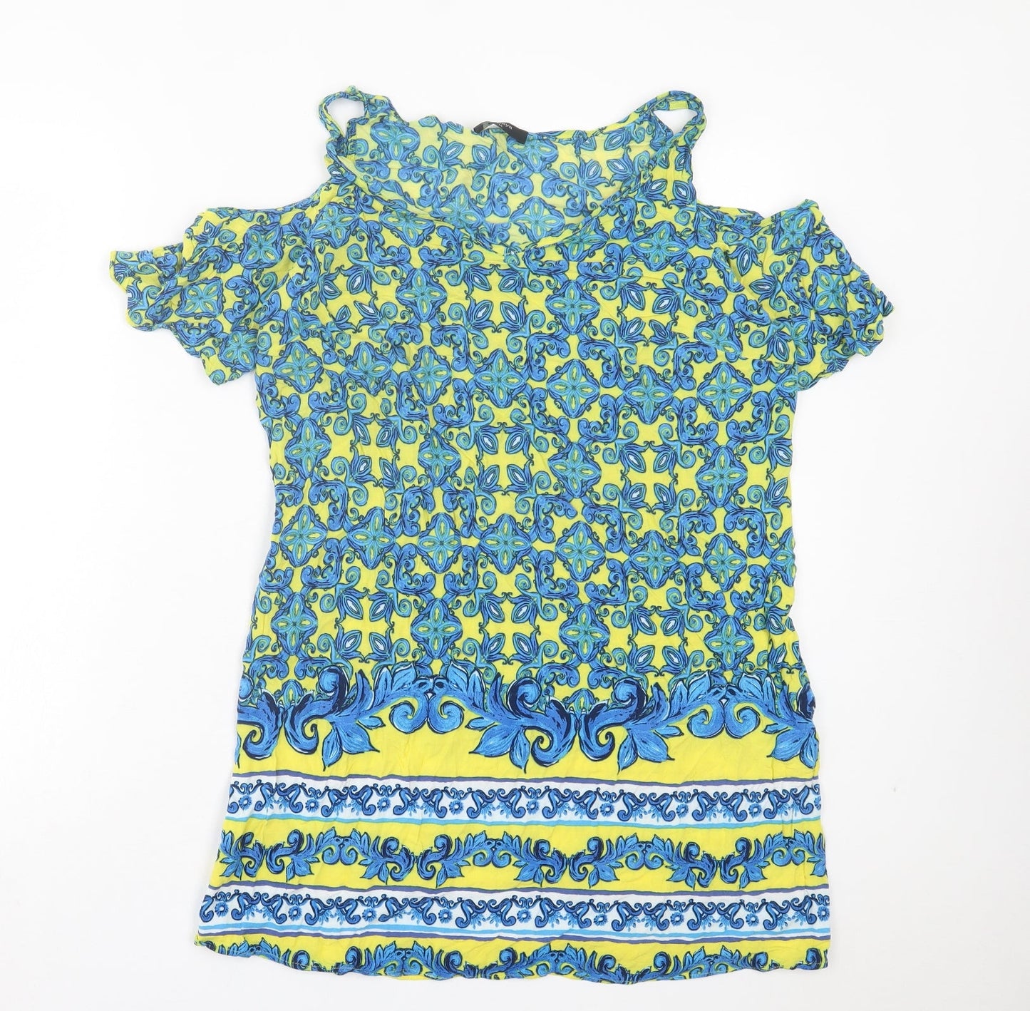 Papaya Womens Blue Geometric Viscose A-Line Size 14 Boat Neck Pullover - Cold Shoulder