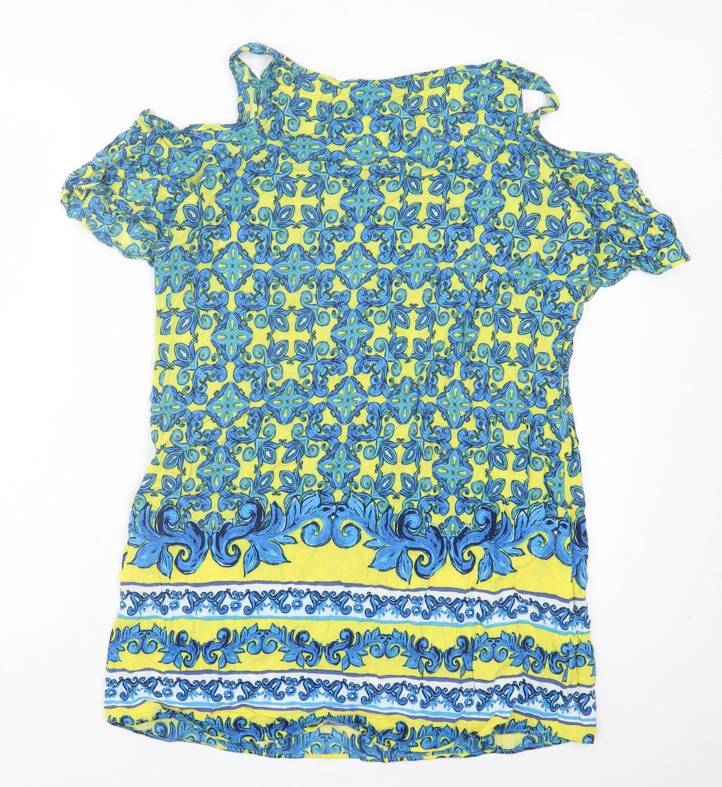 Papaya Womens Blue Geometric Viscose A-Line Size 14 Boat Neck Pullover - Cold Shoulder