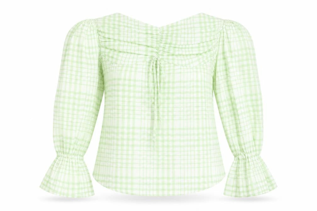 SheIn Womens Green Plaid Polyester Basic T-Shirt Size L Off the Shoulder