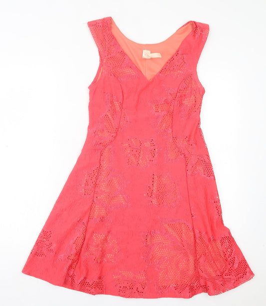 mulata Womens Pink Floral Polyester Fit & Flare Size L V-Neck Pullover