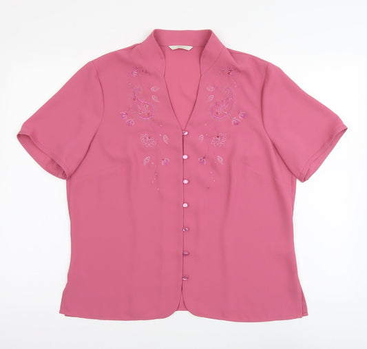Marks and Spencer Womens Pink Floral Polyester Basic Button-Up Size 14 V-Neck
