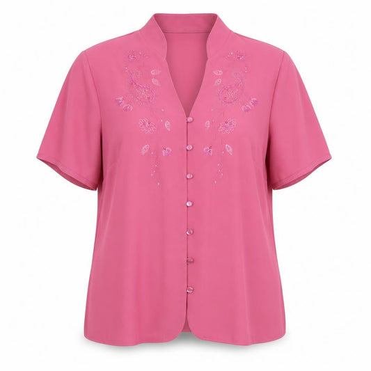 Marks and Spencer Womens Pink Floral Polyester Basic Button-Up Size 14 V-Neck