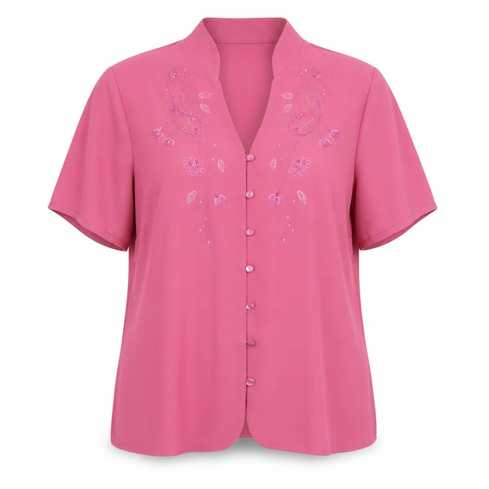 Marks & Spencer Womens Pink Floral Polyester Basic Button-Up Size 14 V-Neck