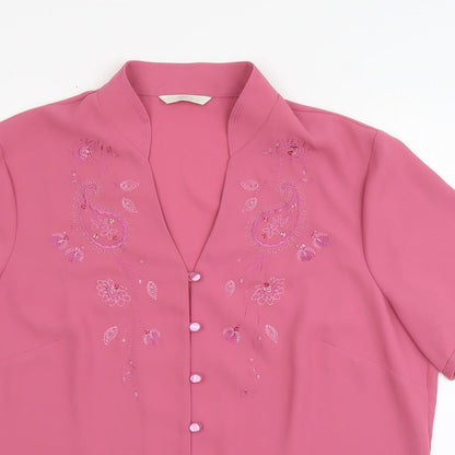 Marks & Spencer Womens Pink Floral Polyester Basic Button-Up Size 14 V-Neck