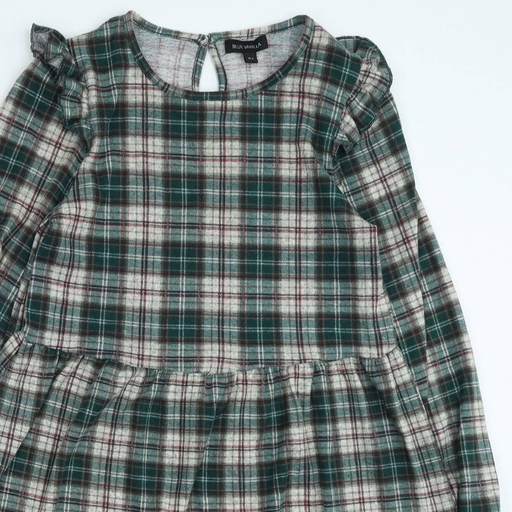 Blue Vanila Womens Green Plaid Polyester Fit & Flare Size M Round Neck Pullover