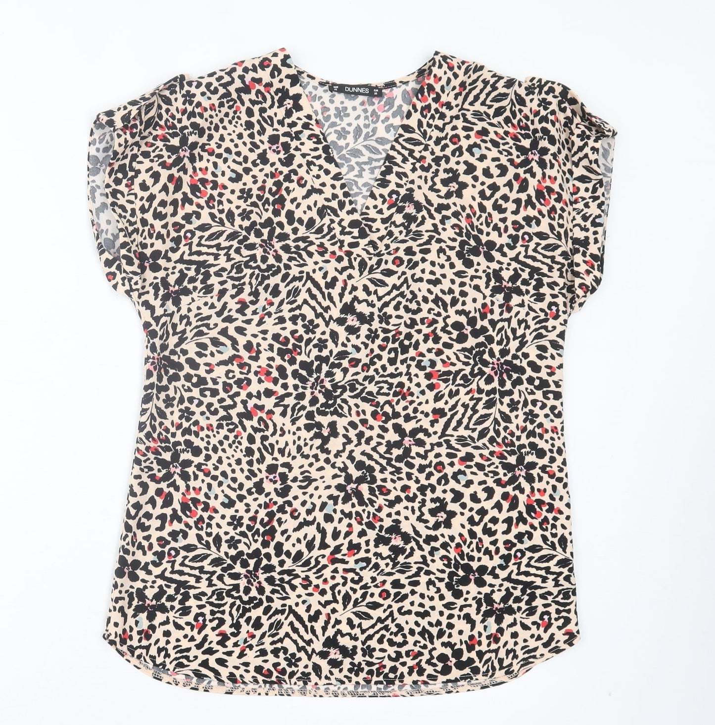 Dunnes Stores Womens Brown Animal Print Polyester Basic T-Shirt Size XS V-Neck - Leopard Print