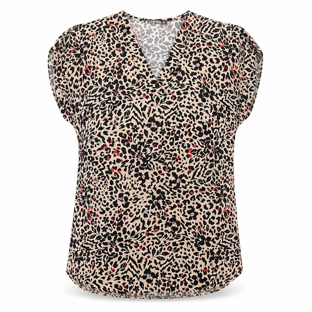 Dunnes Stores Womens Brown Animal Print Polyester Basic T-Shirt Size XS V-Neck - Leopard Print