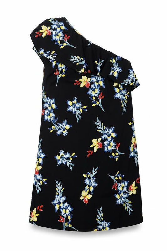 New Look Womens Black Floral Polyester A-Line Size 10 One Shoulder Pullover