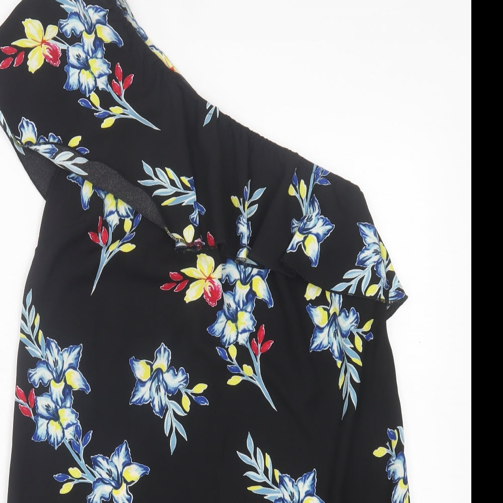 New Look Womens Black Floral Polyester A-Line Size 10 One Shoulder Pullover
