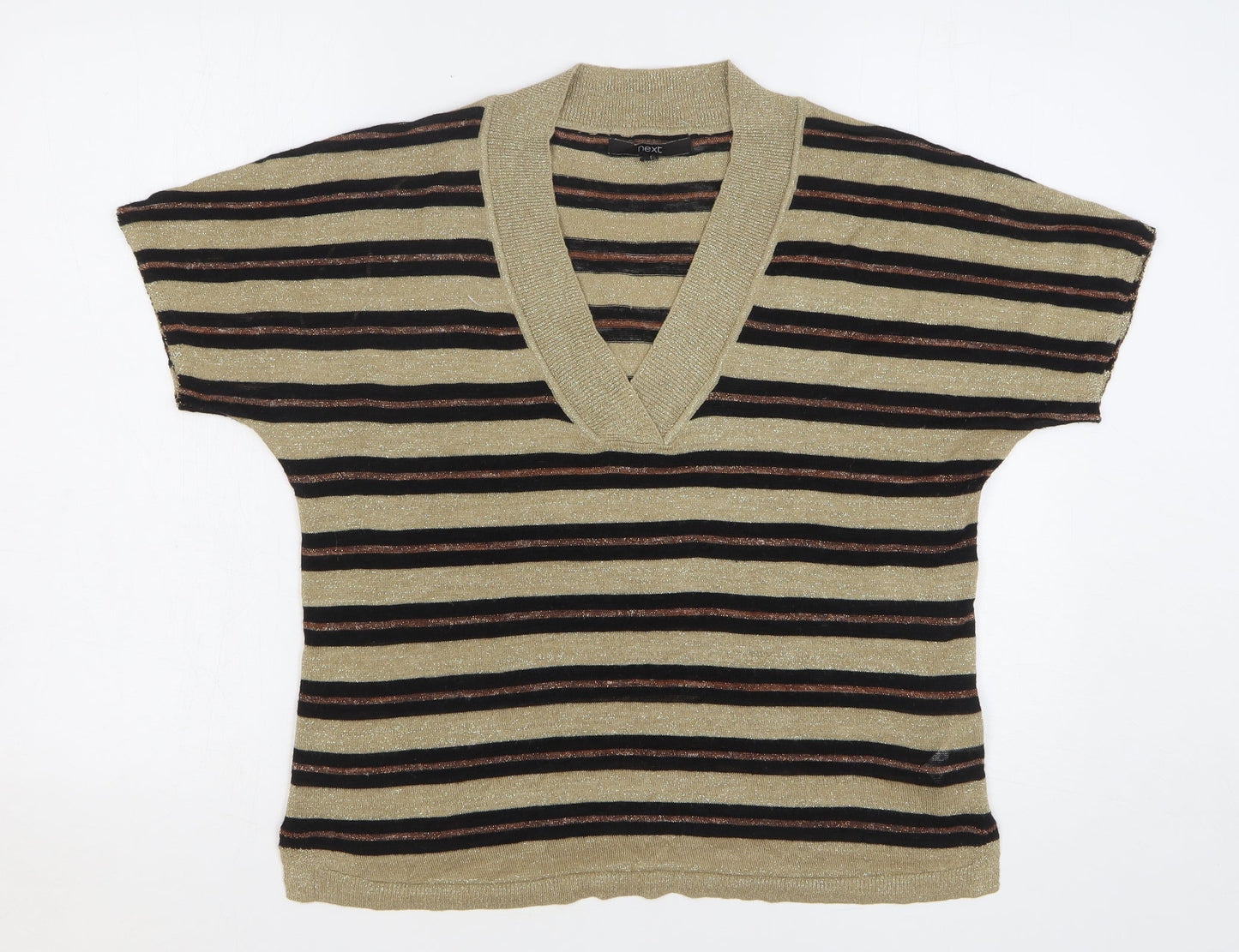 NEXT Womens Beige V-Neck Striped Acrylic Pullover Jumper Size M