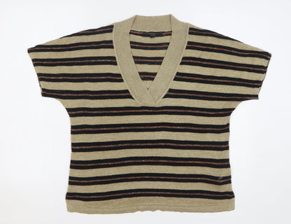 Next Womens Beige V-Neck Striped Acrylic Pullover Jumper Size M