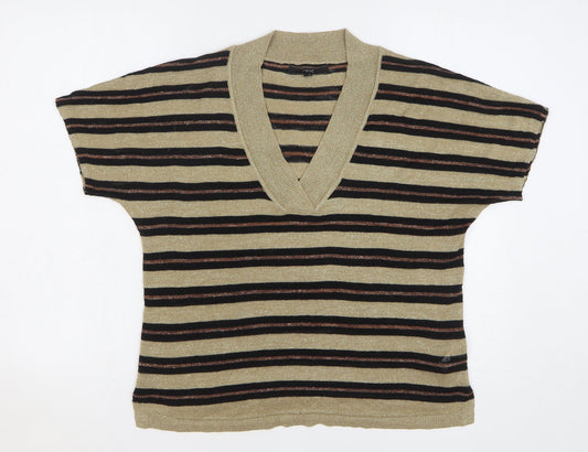 NEXT Womens Beige V-Neck Striped Acrylic Pullover Jumper Size M