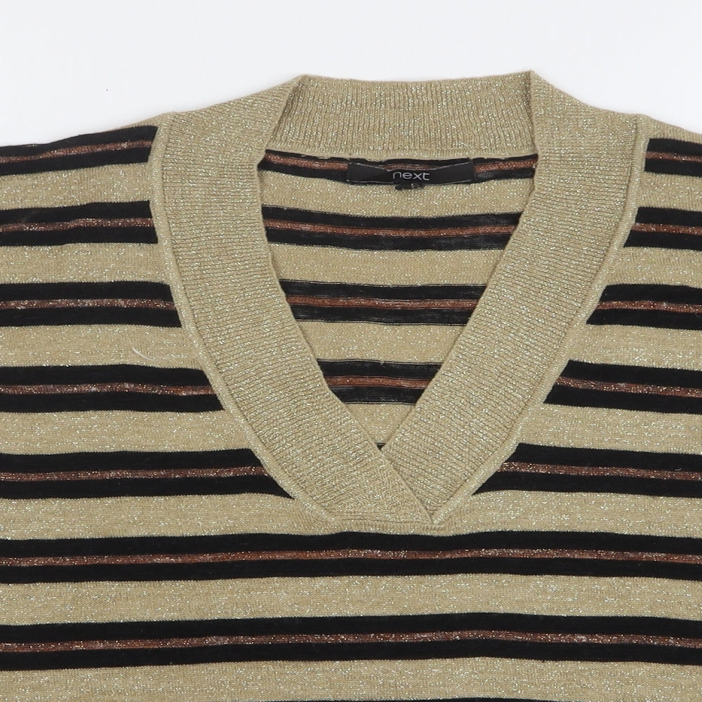 NEXT Womens Beige V-Neck Striped Acrylic Pullover Jumper Size M