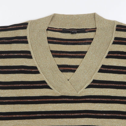 Next Womens Beige V-Neck Striped Acrylic Pullover Jumper Size M