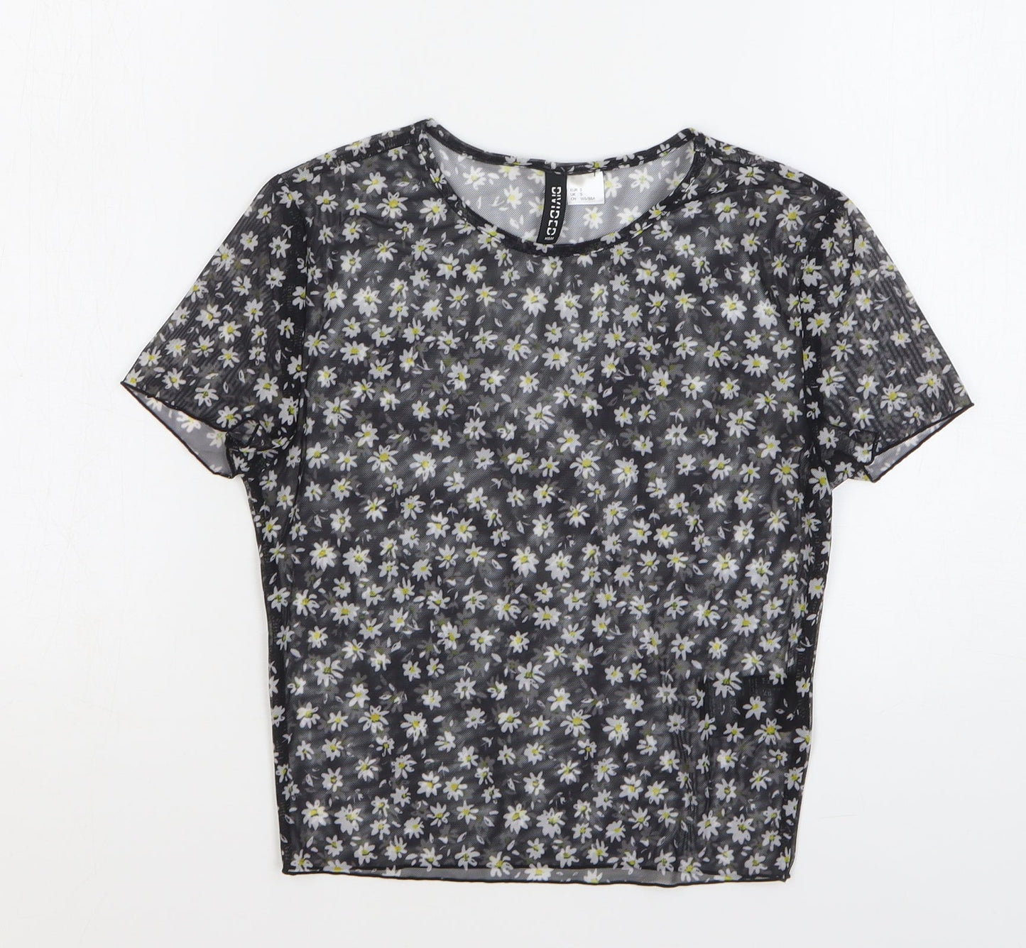 H&M Womens Black Floral Polyester Cropped T-Shirt Size S Round Neck
